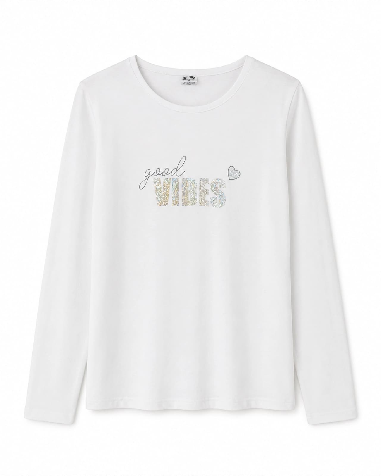 REMERA NENA BRILLO FOIL GOOD VIBES 6 unidades — frente-v1
